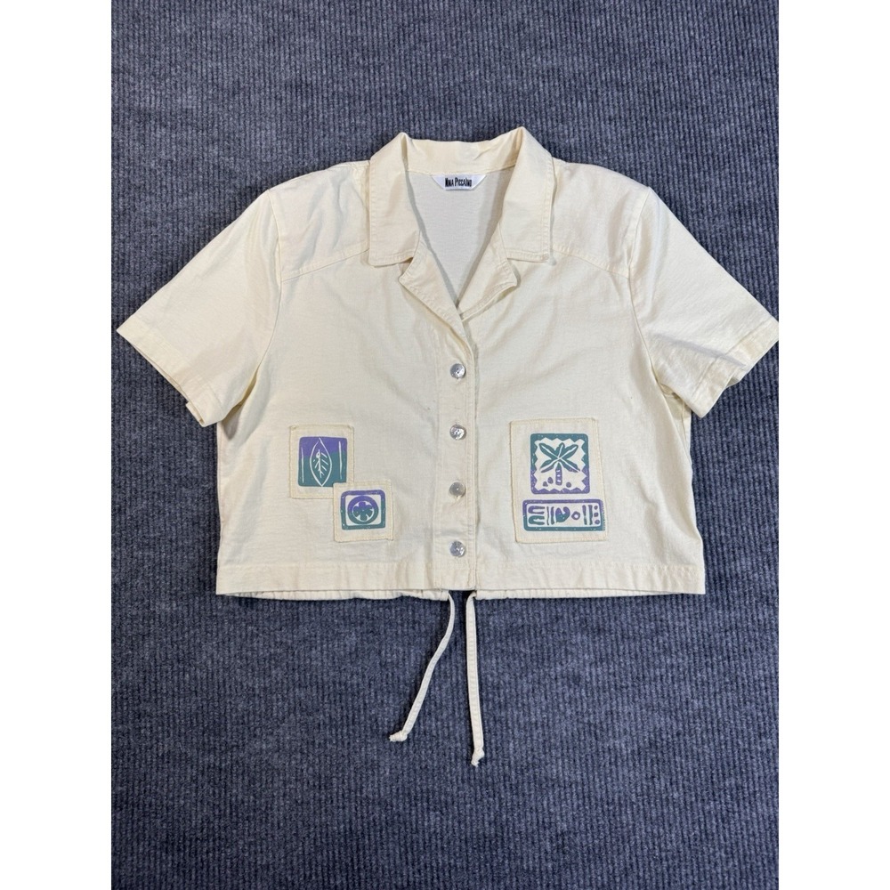 Nina Piccalino Women's Ivory Patchwork Cotton Button-Up Shirt Short Sleeve‎